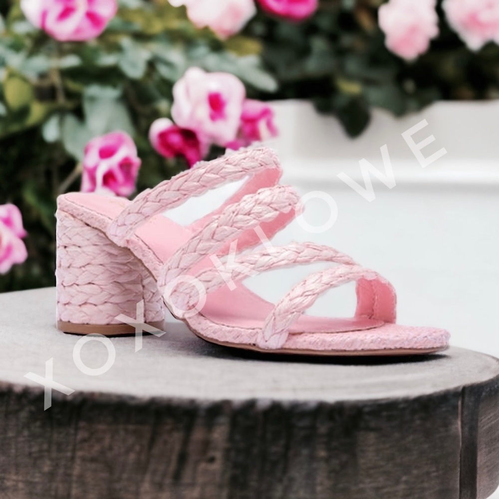 Qupid Pink Braided Raffia Block Heel Sandal